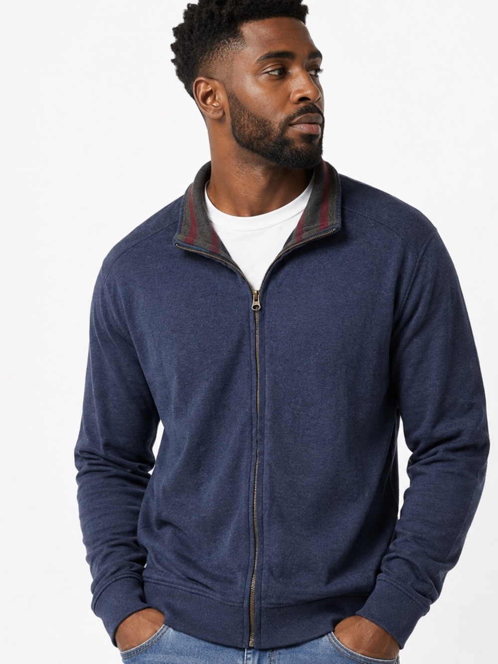 Men's Robert Graham Full Zip Navy Sweater Or Jacket Striped Collar Lining Sz L